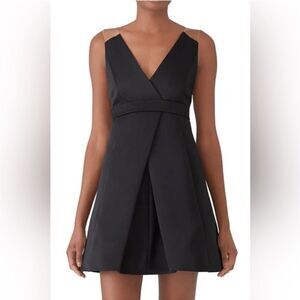 KAUFMANFRANCO Onyx Black Mini A-line Dress with V-neck & Mesh Top Strap LBD